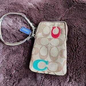Coach Brown Wristlet with Red and Blue Accents